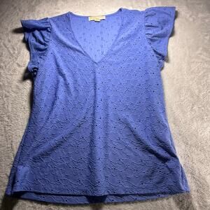 michael Kors Crew blue ruffled short sleeve eyelet top size m